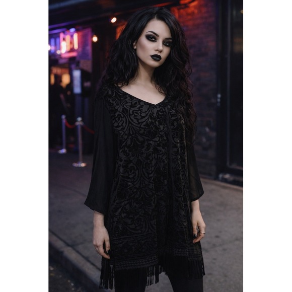 Catherines Tops - Catherine's Black Velvet Burnout‎ Damask Fringe Tunic Top 2X 22/24W Dark Floral